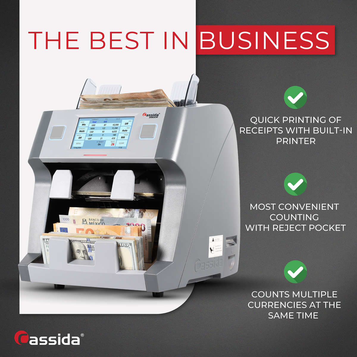 Cassida 9900R V2 Mixed Bill Counter - Cash Counting Machine Mixed Bills
