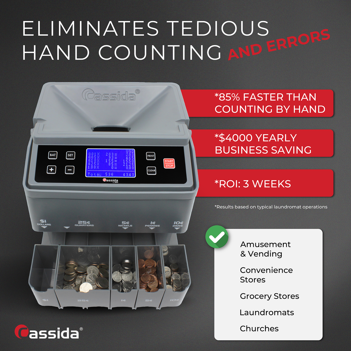 Cassida C300 Coin Counter - Coin Sorter: Never Spills Coins!